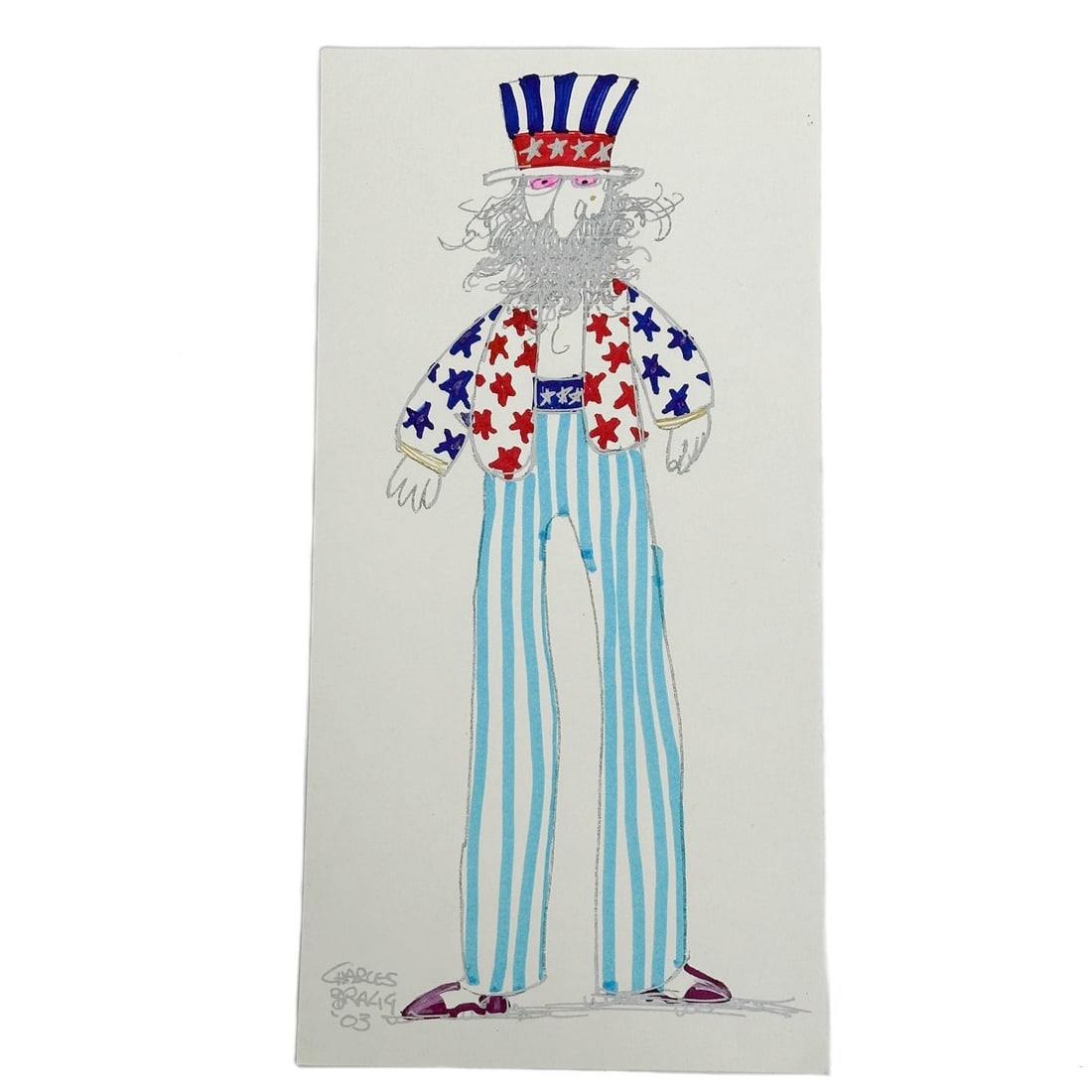 Charles Bragg Stars Blue Stripes on Long Legs Ink & Marker on Paper Signed 03 (1 of 4)