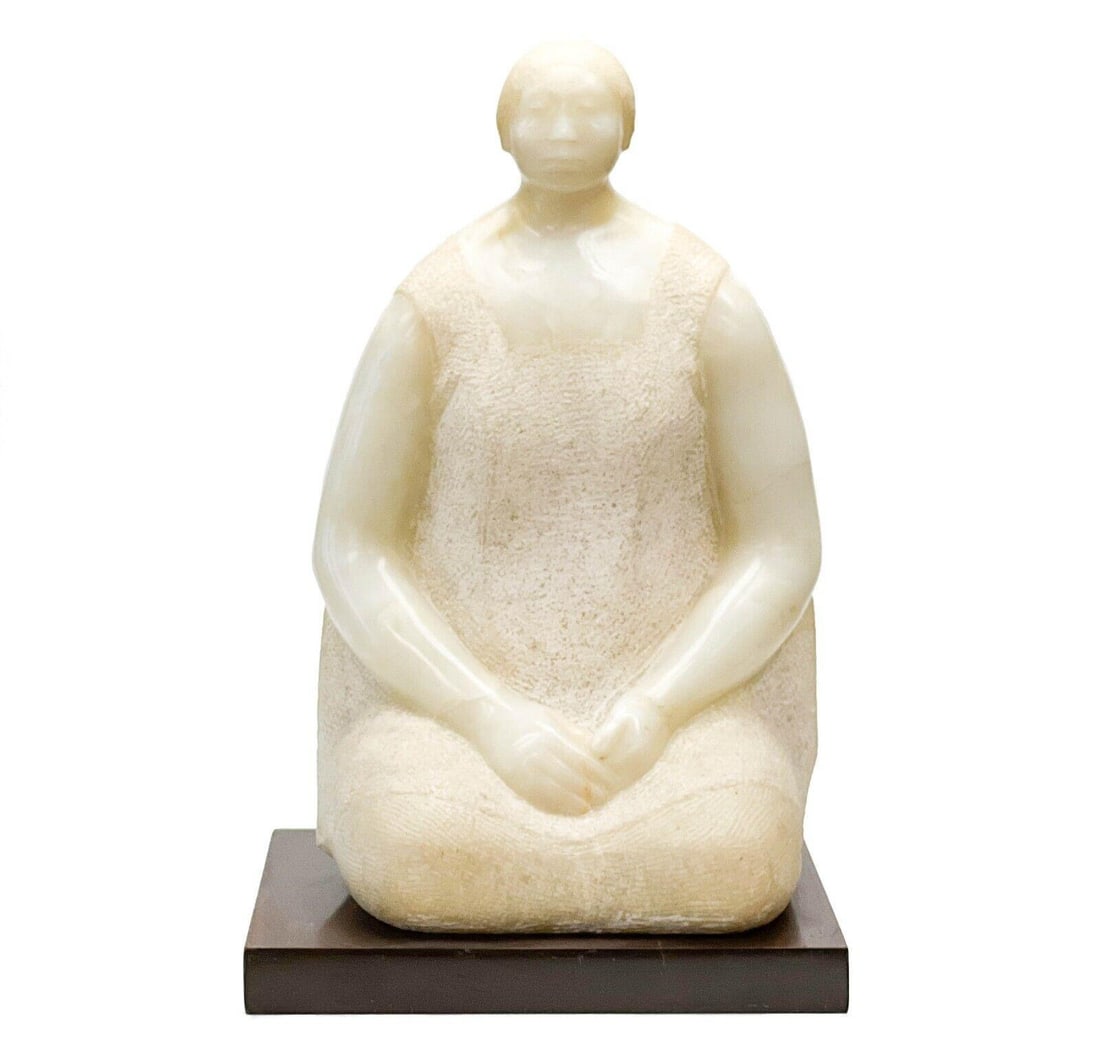 Felipe Castaneda Mexican Carved White Onyx Sculpture Woman on Wood Base, Signed (1 of 12)