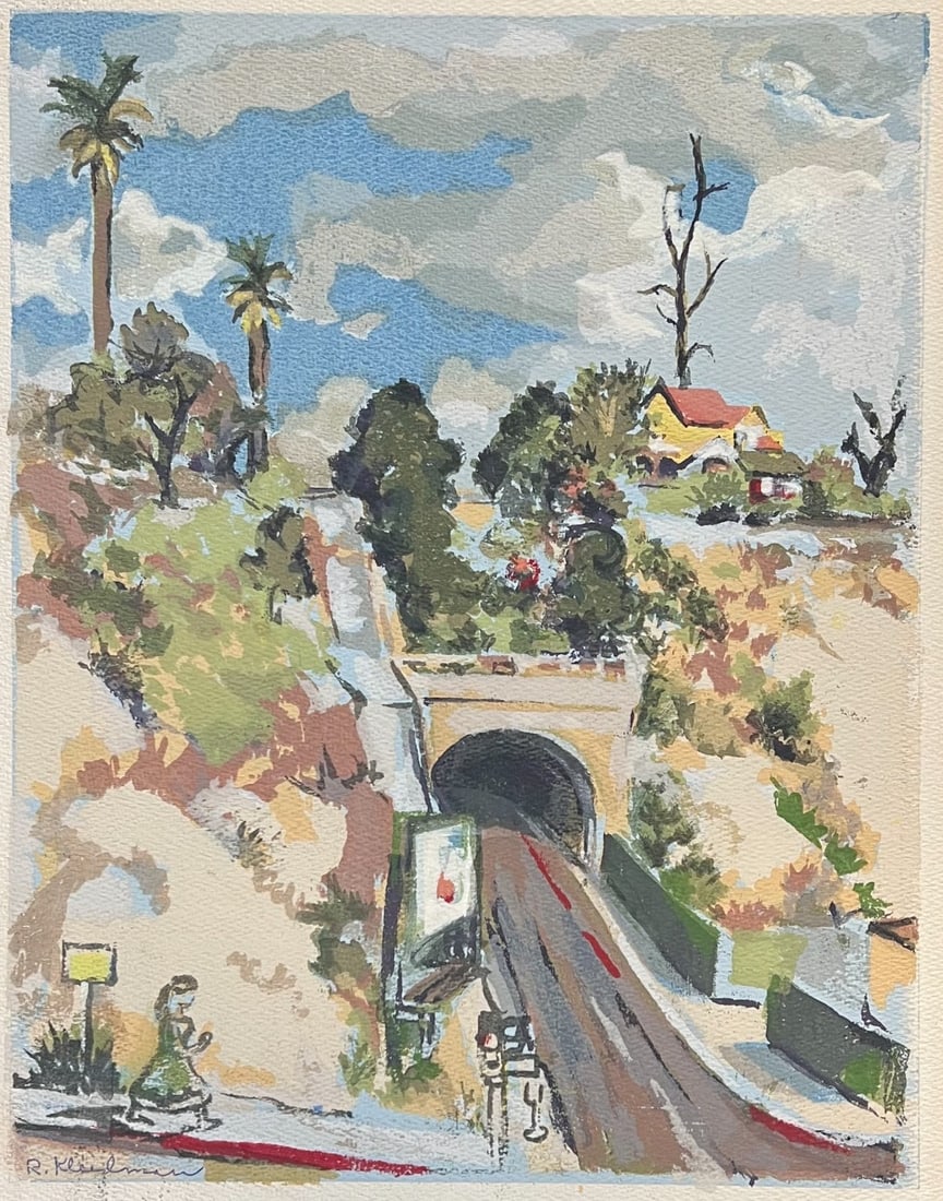 Rose Kleidman Watercolor Painting Hill St Tunnel c1950 Los Angeles CA: Rose Kleidman (1908-1996) Watercolor on paper, titled 'Hill St. Tunnel', signed in pen lower left. Cityscape of Los Angeles, likely c1950, at Hill St in Downtown Los Angeles. Unframed.(D2) Measurement