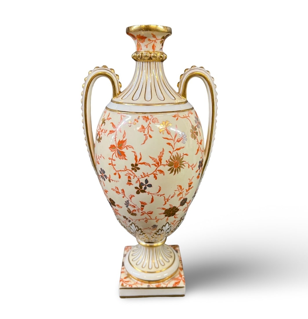 19th Century Minton Porcelain Floral Twin Handled vase: Minton Porcelain floral design vase / urn - hand painted silver and gold details on red transfer, ivory on white ground. fluted shoulders, beaded details on handles. Makers mark on underside. c1873-18