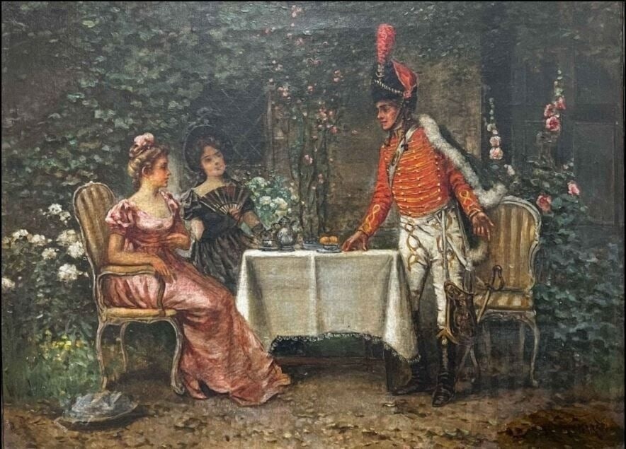 Percy Moran 1862 - 1935 Oil painting Two ladies with officer c1900 (1 of 5)
