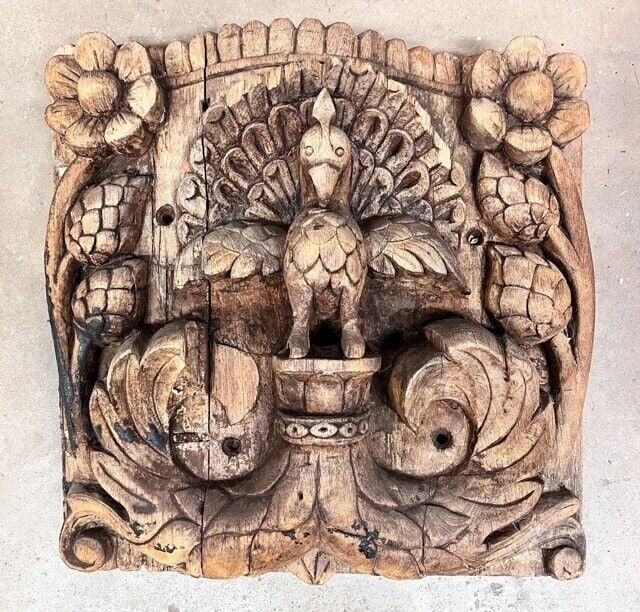 Hand Carved Wood Wall Panel With peacock: Carved Wood Wall Panel With peacock and flowering details. Thick fragment in high relief, a peacock as the central figure. Approx 24.25lb Measurements: Approx. 18.75 wide x 18 inches height x 6 inches