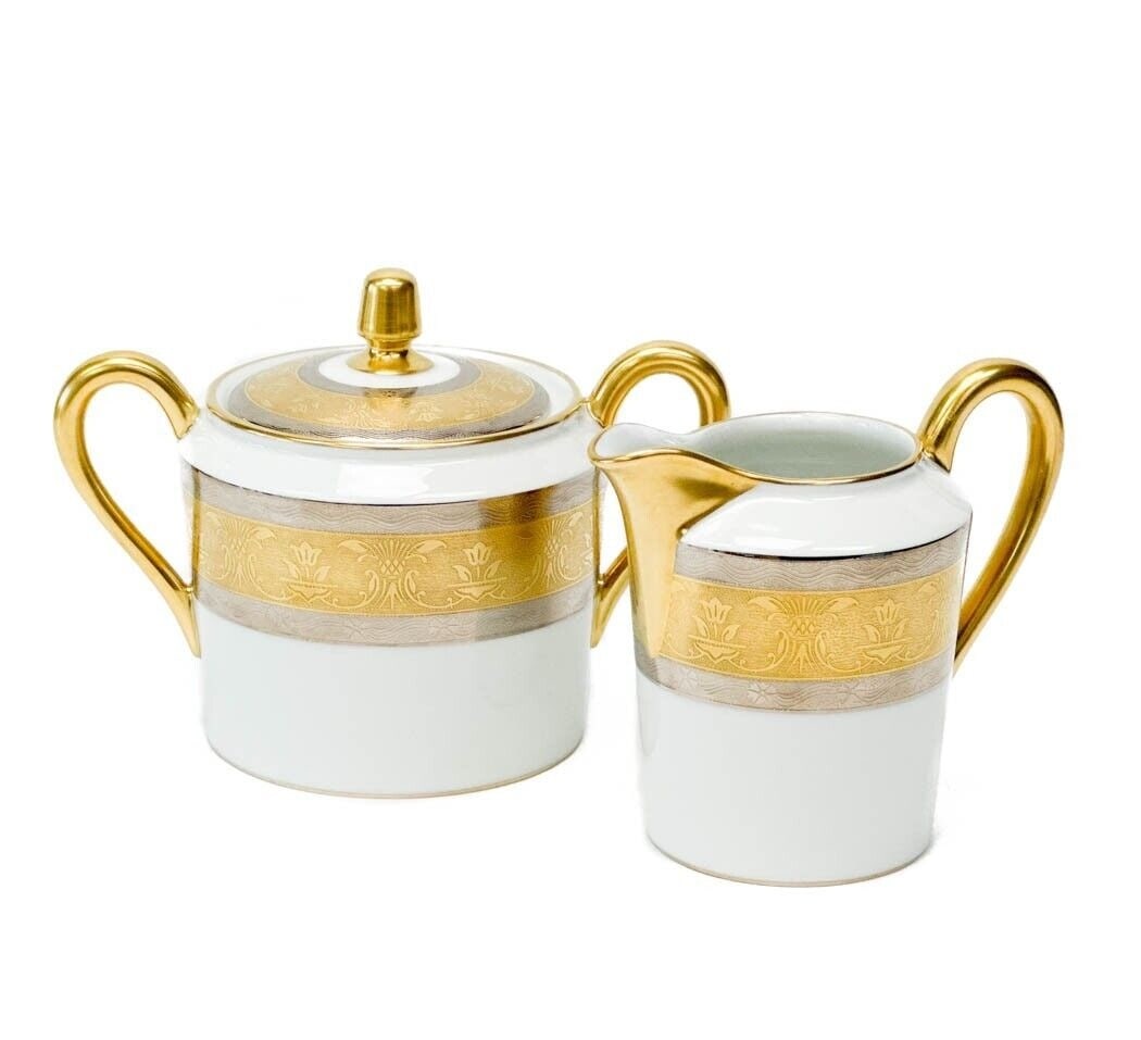 2pc Christofle France Gilt & Platinum Banded Porcelain Cream & Sugar in La Paiva (1 of 5)