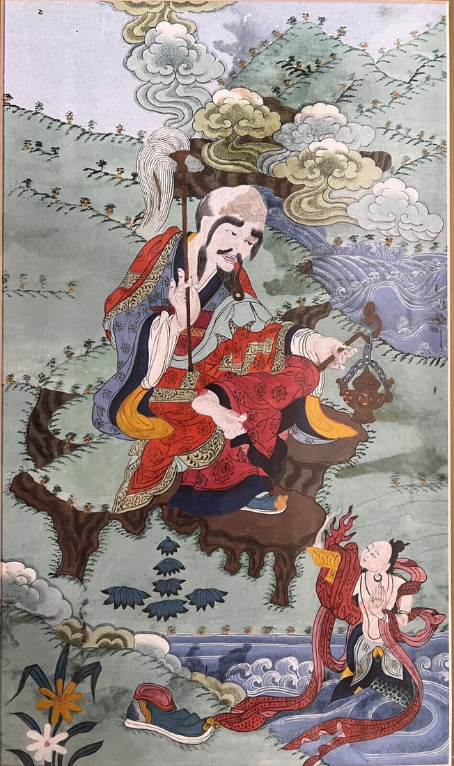 Chinese Gouache Painting with Wood Frame, Elderly Figure: Chinese Gouache painting, Elderly figure seated holding a censer, loss of one shoe, with a smaller figure in the water. Unsigned. Wood frame. Measurements: Approx. 10 x 17.5 inches / Framed: 15.5 x 23