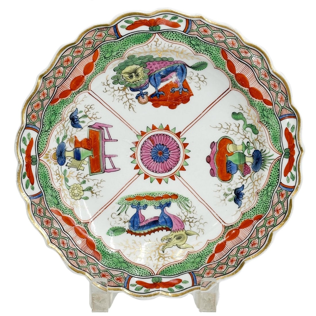 English Hand Painted Porcelain Plate Dragons in Compartments early 19th cen (1 of 7)