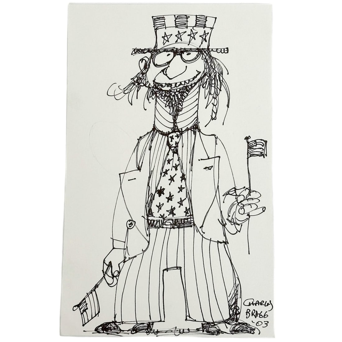 Charles Bragg Stars Stripes Nut Job Two Flags Pen Ink Drawing on Paper Signed: Charles Bragg (American, 1931-2017) "Stars, Stripes, Nut Job, Two Flags" Original Pen Ink Drawing on Paper. Artist signed to the lower right side and dated '03. Unmatted and unframed. Attached handwri