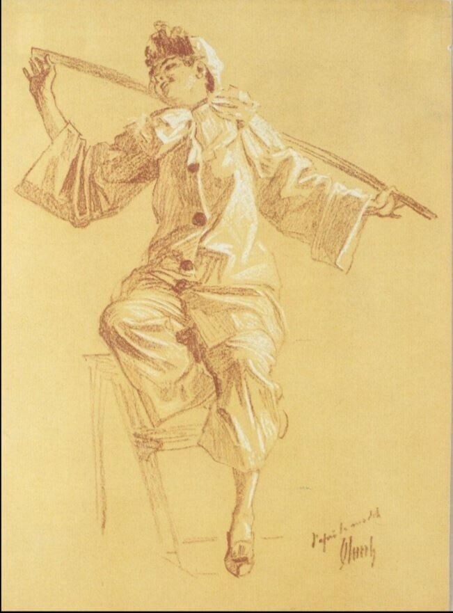 Jules Cheret French 1836-1932 Crayon Drawing on Paper Costumed figure (1 of 3)