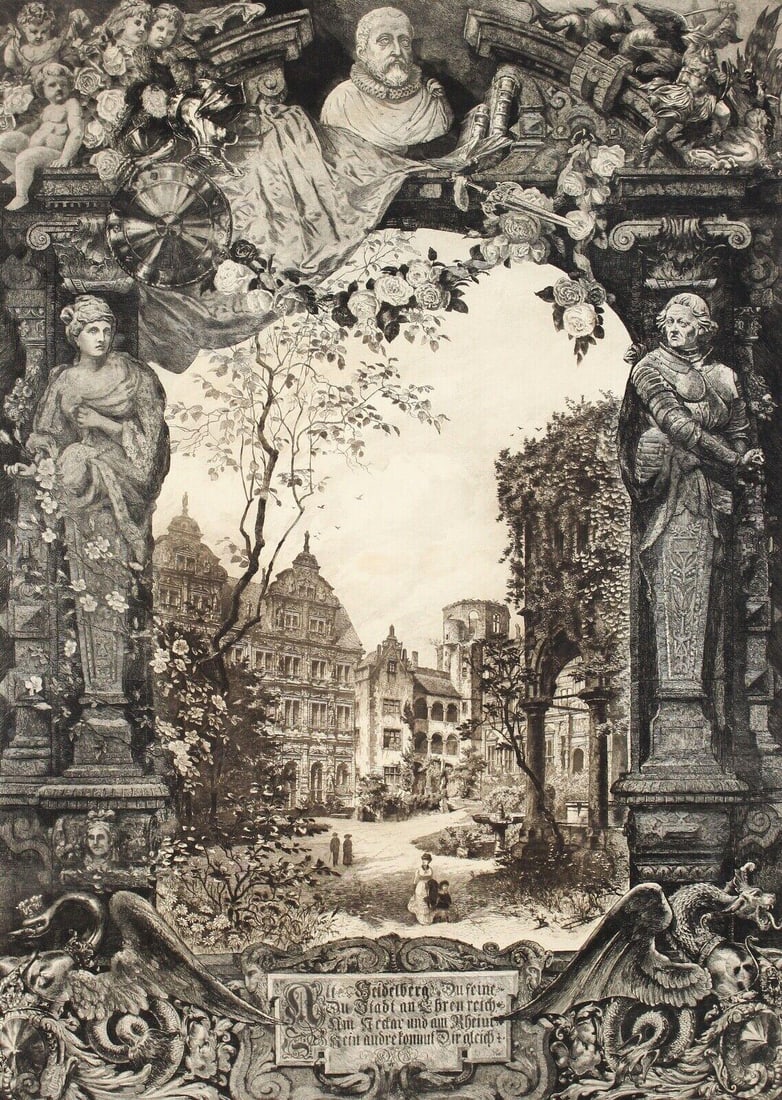 Bernhard Mannfeld 1848-1925 Large etching on paper, Heidelberg, der Schlosshof (1 of 11)