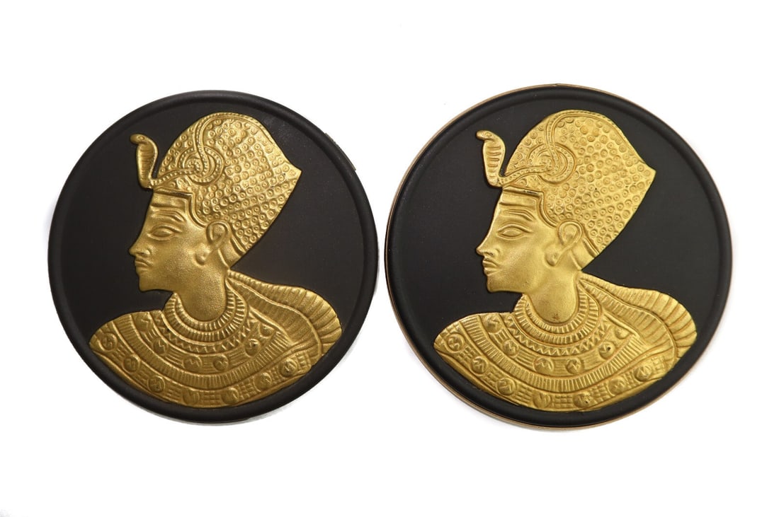 Pair Wedgwood England Black and Gilt Basalt Minature Plaques of Pharaoh King Tut (1 of 9)