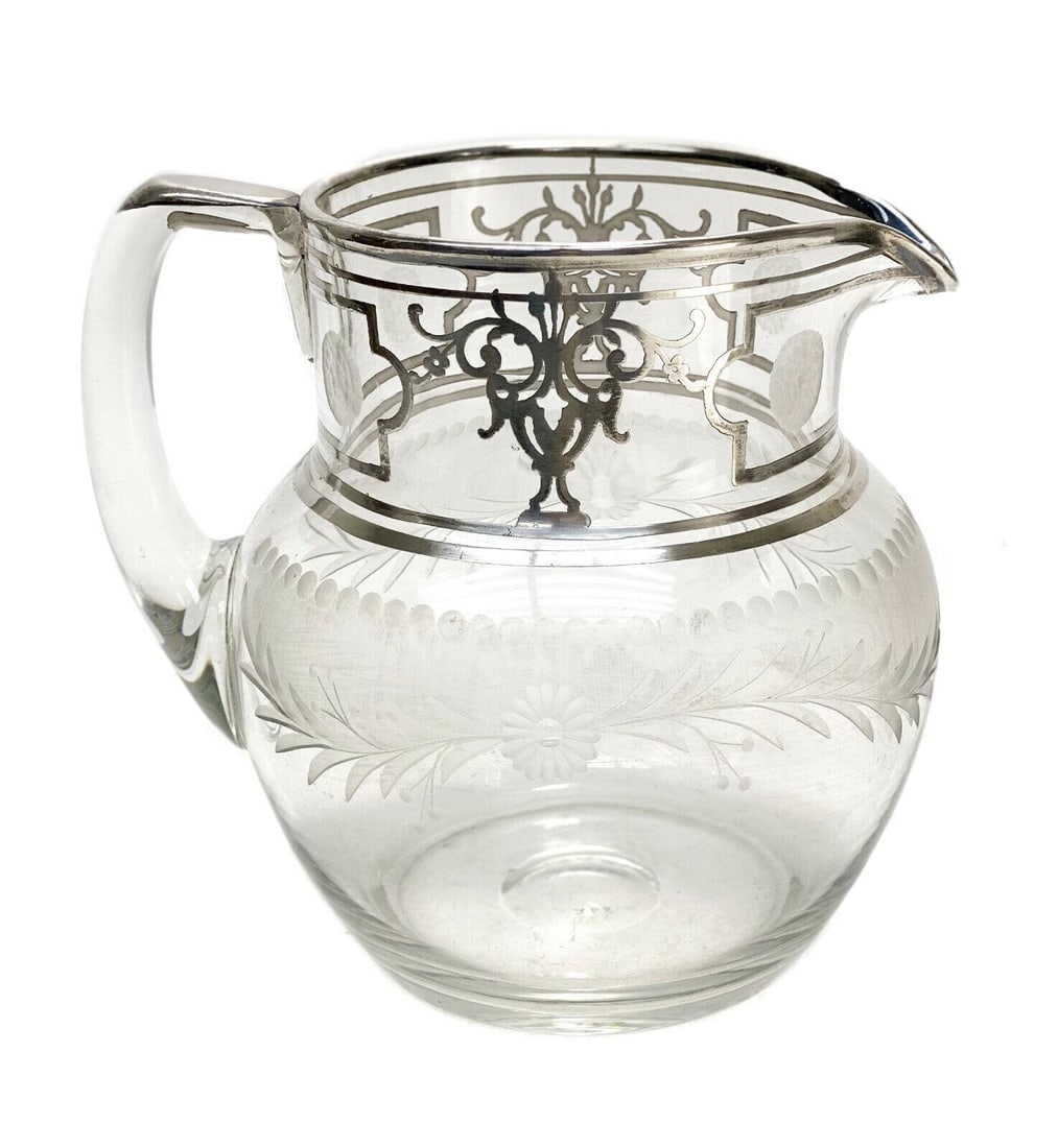 American Clear Cut Glass Silver Overlay Pitcher. Engraved Floral Designs (1 of 4)