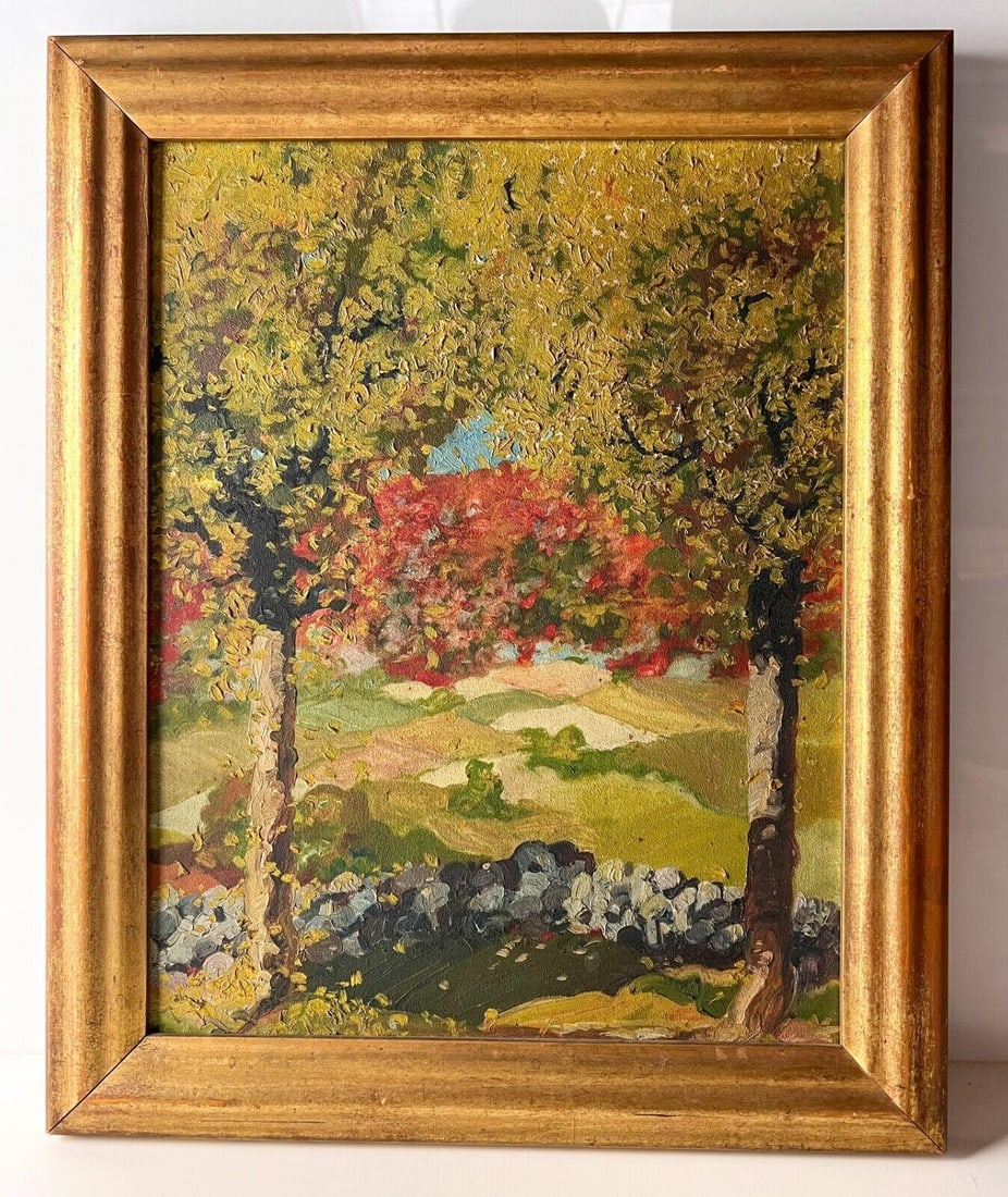 R. John Holmgren 1897- 1963 Oil painting on board Landscape with trees: R. John Holmgren (1897- 1963) Oil painting on board, Landscape with trees, pointilist details. Unsigned, notations on reverse. In gilt wood frame. Weight: Approx. 1.5lbs Measurements: Approx. paperboa