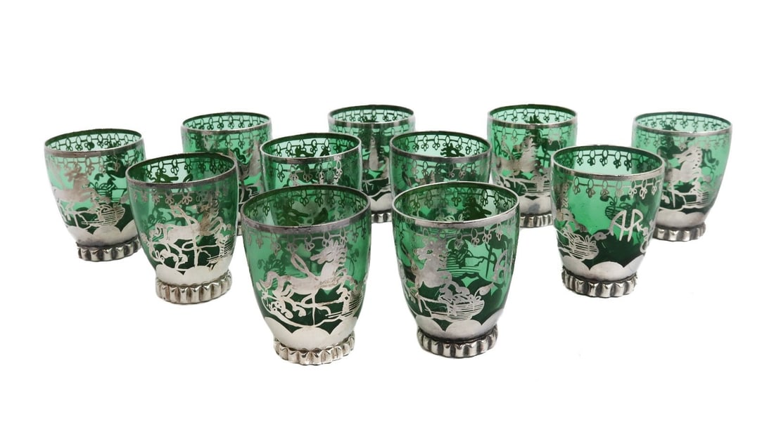 11 Murano Green Colored Glass and Silver Overlay Horse Shot Glass Goblets (1 of 6)