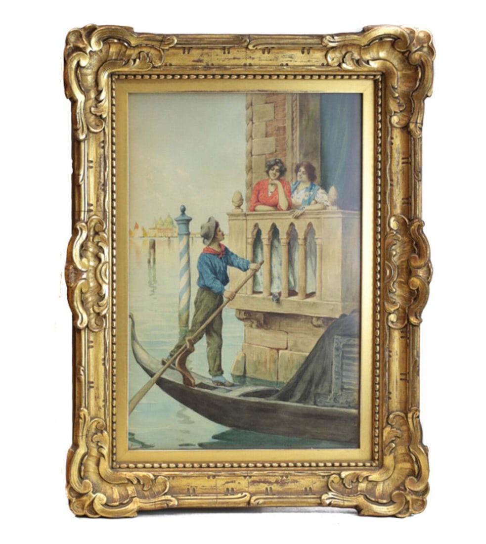 Romolo Tessari (Italian 1868–1947) Watercolor painting, Gondolier Venice: Romolo Tessari (Italian 1868–1947) Watercolor painting, two woman flirting with gondolier. Venice in the background. Signed lower right. 6.5lbs Measurements: Approx. 10.5" x 16"; framed 16" x 22" Co