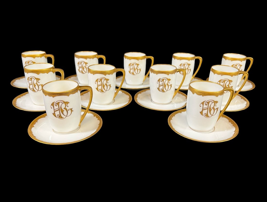 11pc Pickard China Demitasse Cups Saucers hand painted gilt trim raised beads (1 of 14)