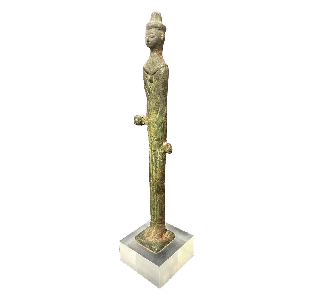 Grand Tour Etruscan style Bronze Statuette: Grand Tour Etruscan style Bronze Statuette, likely a haruspex. Mounted on acrylic plinth. 2.8lb From the estate of Beverly Hills socialite Connie Wald, wife of film producer/screenwriter Jerry Wald. A