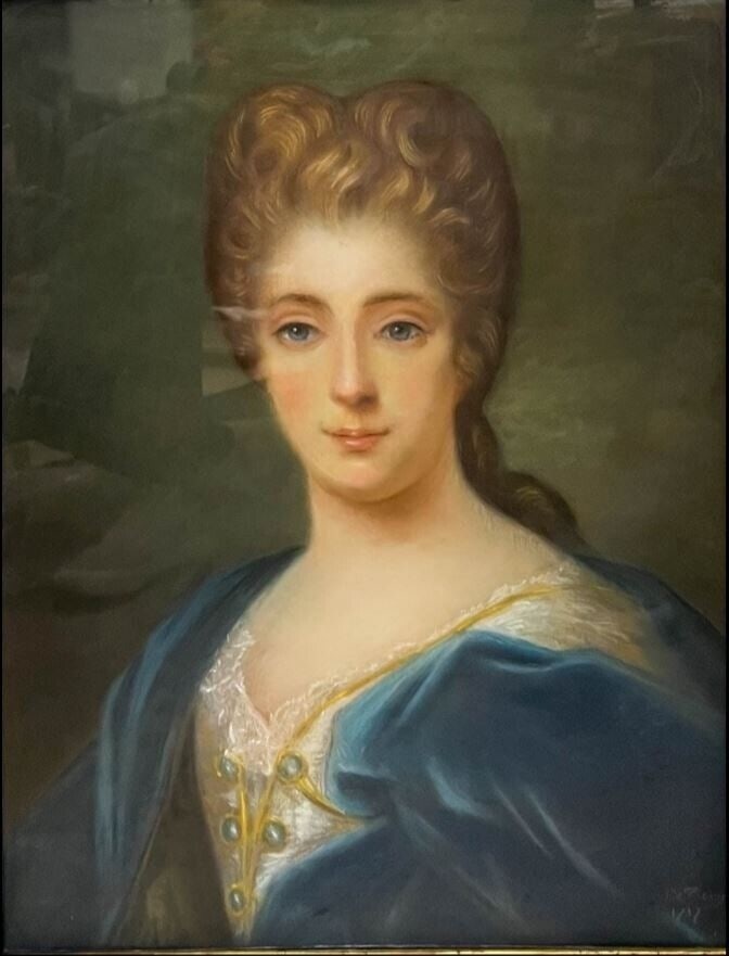 Pastel Drawing on Paper Portrait of Lady in 18th century costume: Pastel Drawing on Paper Portrait of 18th Century Lady. Signed lower right De Gouy 1717. In wood frame, glazed. 9.5lb (WSF) Measurements: Approx. framed 23 x 29; visible area 18.5 x 24.5 inches Conditi