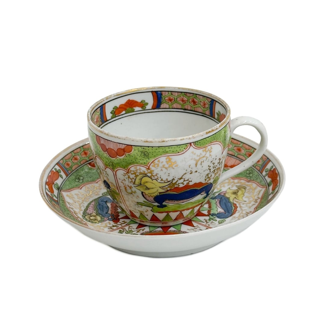 English Hand Painted Porcelain Cup & Saucer Dragons in Compartments 19th cen: English Hand Painted Porcelain Cup and Saucer in Dragons in Compartments, 19th century. Ornate hand painted decoration throughout. Apparently unmarked. Weight: Approx. .5 lb Measurements: Approx. Cup: