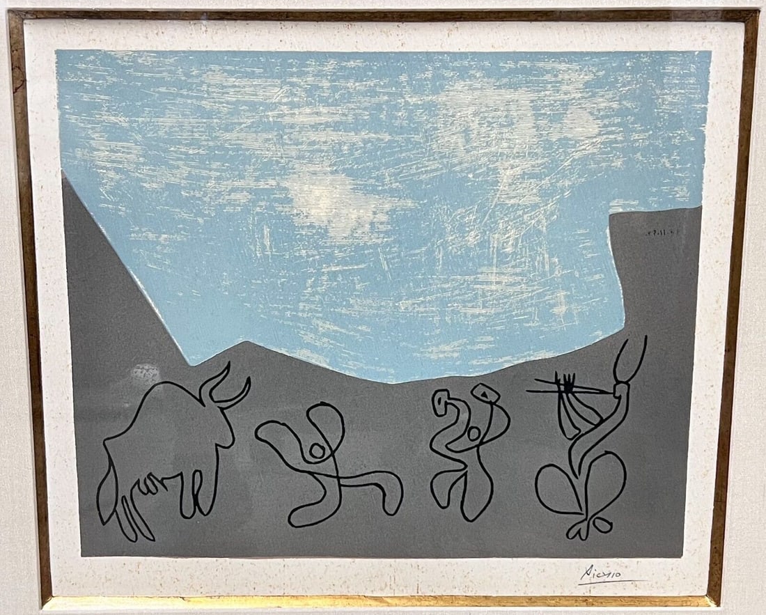 Pablo Picasso (1881-1973) Linoleum Cut Bacchanale au Taureau: Pablo Picasso (1881-1973) Linoleum Cut in colors, title Bacchanale au Taureau c1959, signed in pencil lower right in margin, not numbered. Framed and glazed. 10.5 lbs (BR) Measurements: Approx. frame 