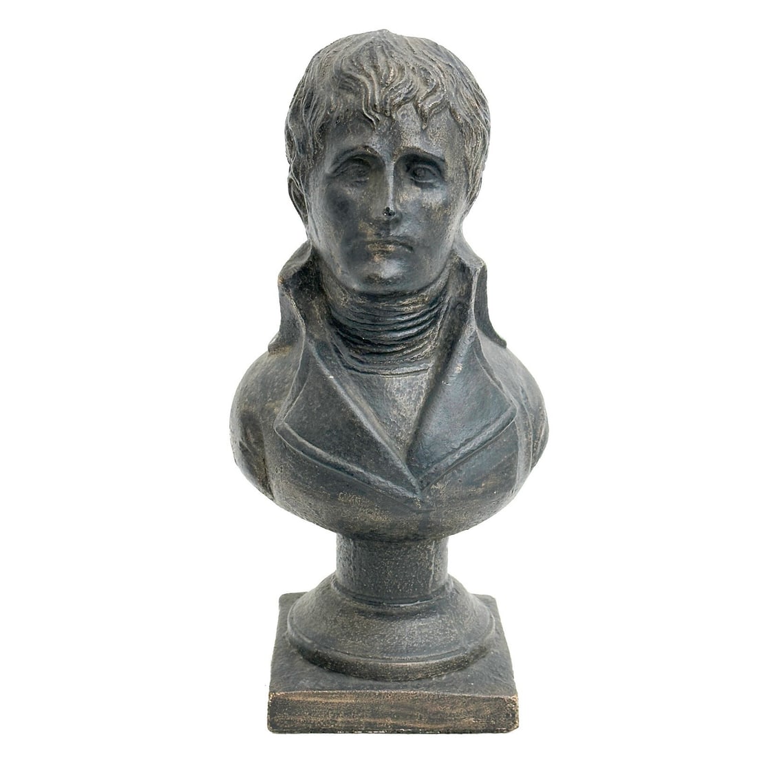 French Napoleon Composite Patinated Cast Plaster Borghese Bust Mid Century: French Napoleon Composite Patinated Cast Plaster Borghese Bust, mid century Weight: Approx. 4.5 lbs Measurements: Approx. 5.5 inches x 4.375 inches x 11.75 inches tall Condition: surface wear to patin