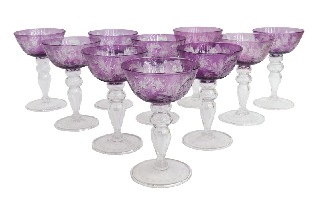 10 Carder Steuben Engraved Cut Glass Cocktail Champagne Goblets Amethyst #6505 (1 of 6)