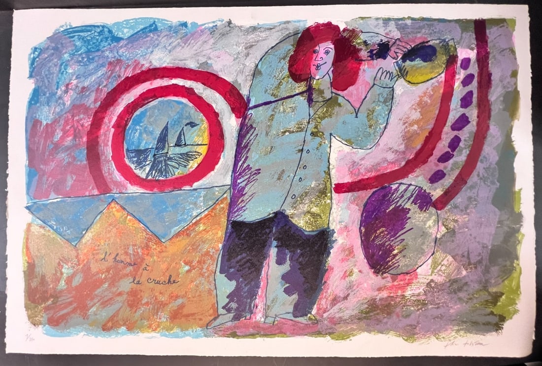 Theo Tobiasse Lithograph in colors L'Homme a la Cruche c1982: Theo Tobiasse (French Israeli 1927-2012), Lithograph in colors on paper, titled L'Homme a la Cruche', from a limited edition of 310, signed in pencil lower right. c1982 Unframed. (D2) Measurements: Ap