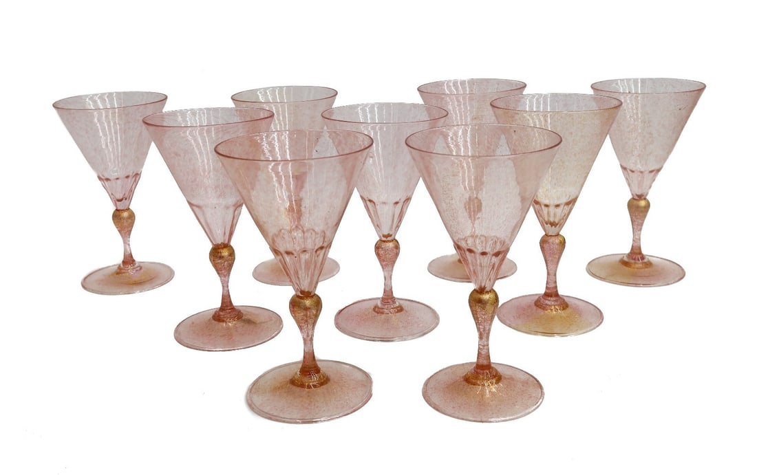 9 Salviati Venetian Art Glass Pink and Gold Flecked Wine Goblets (1 of 7)
