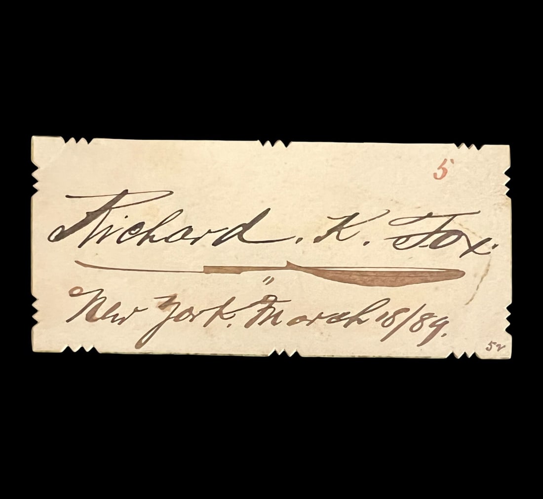 Richard Kyle Fox Boxing Promoter Autograph 1889: Richard Kyle Fox (1846 -1922) Autograph on small gilt edge paper card, inscribed "New York, March 18/89". a number '5' in red ink top left and secondary number '52' written lower right, as this is one