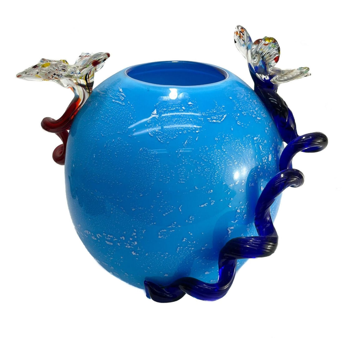 Studio Sky Blue Art Glass Round Vase. Silver Leaf & Applied Flowers (1 of 8)