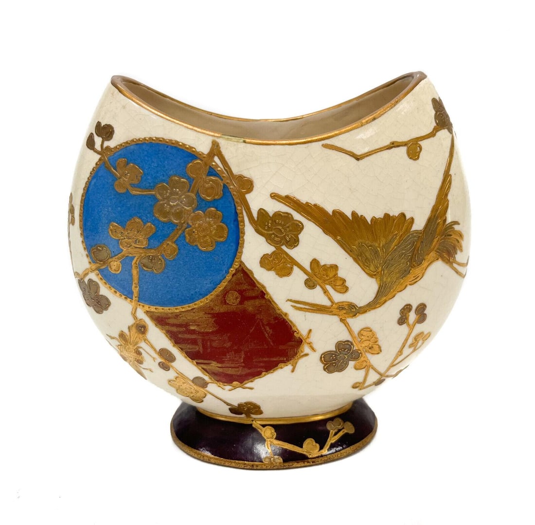 French Japonism Porcelain Gold Encrusted Half Moon Vase, 19th Century: French Japonism porcelain gold encrusted Half Moon Vase, 19th Century. A beige ground with gold encrusted birds and cherry blossoms. Unmarked. Weight: Approx. 1 lbs Measurements: Approx. 5 inches x 2 