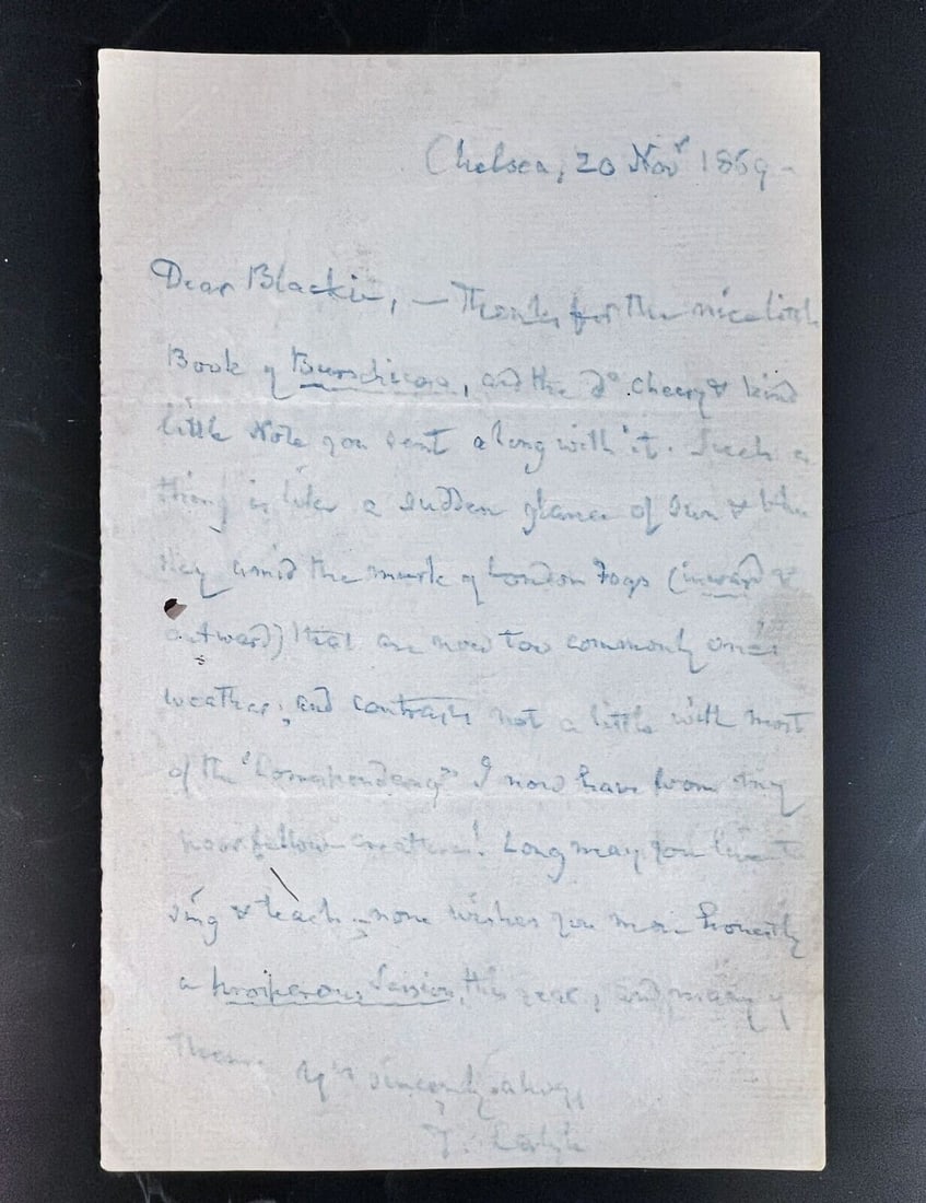 Thomas Carlyle Handwritten autographed letter 1869 Chelsea (1 of 3)