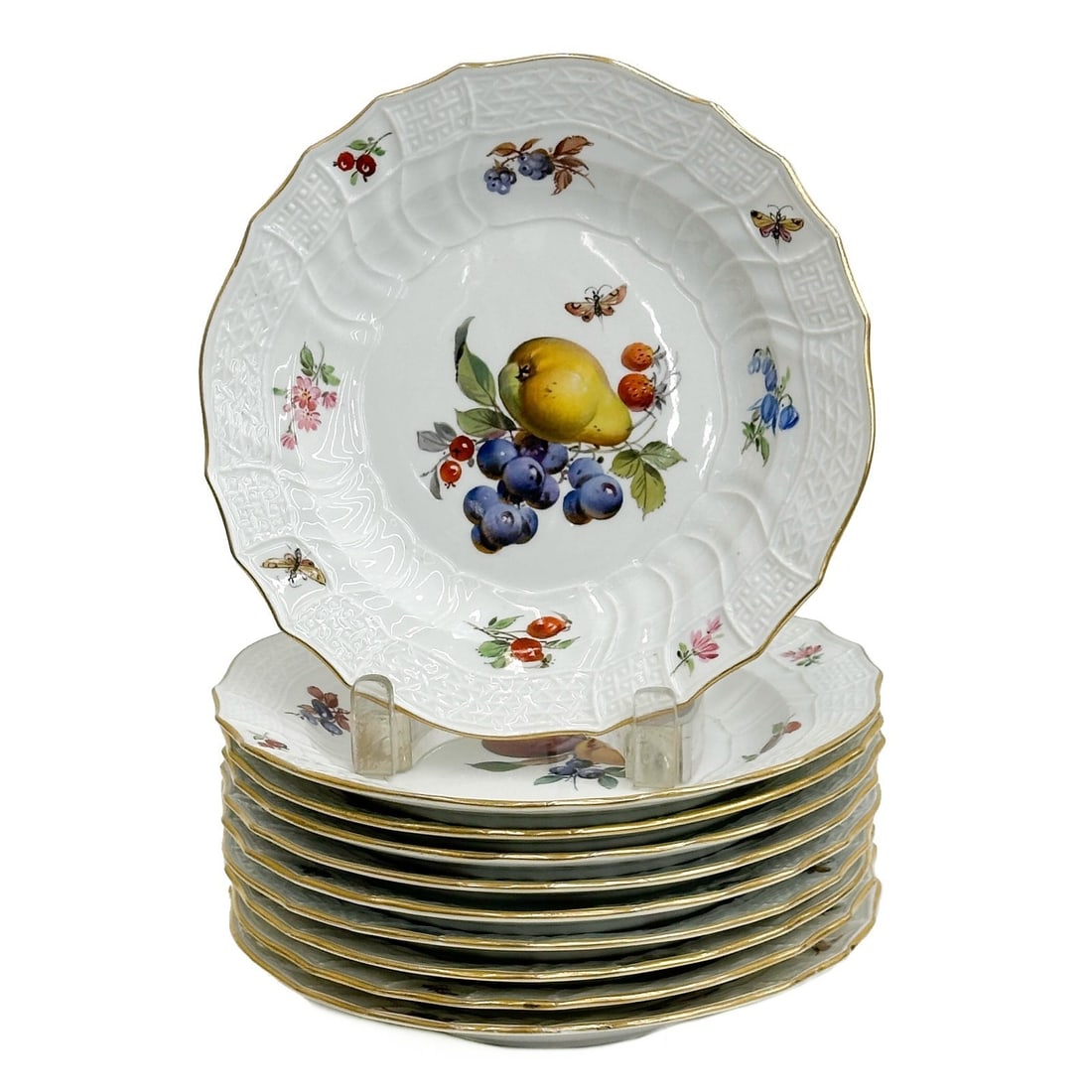 10 Meissen Germany Hand Painted Porcelain 8in Dessert Plates Fruits c1900: 10 Meissen Germany Hand Painted Porcelain Dessert Plates, circa 1900. A basketweave texture to the edge, hand painted fruits to the center. Underside with Meissen crossed swords mark, impressed marks.