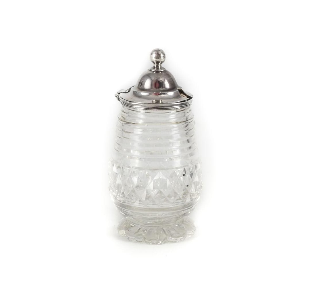 William Tucker & Co. Sterling Silver Cut Crystal Condiment Jar Sheffield 1810: William Tucker & Co. Sterling Silver mounted Cut Crystal Condiment Jar. Sheffield, 1810. Hinged lid. Measurements: Approx. 5" height Condition: Very good condition, some dings to the lid and rim, smal