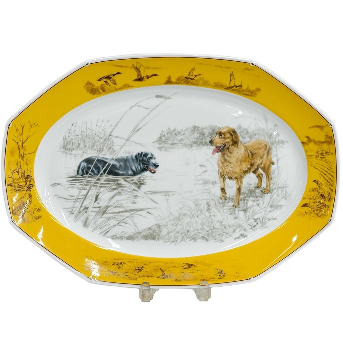 Hermes Chiens Courants & Chiens d'Arret Dogs Porcelain Serving Tray: Hermes Paris Porcelain Chiens Courants & Chiens d'Arret Serving Tray. Chasse yellow ground with bird decoration to the edge, center depicts two Labrador dogs playing in a lake. Underside marked Hermes