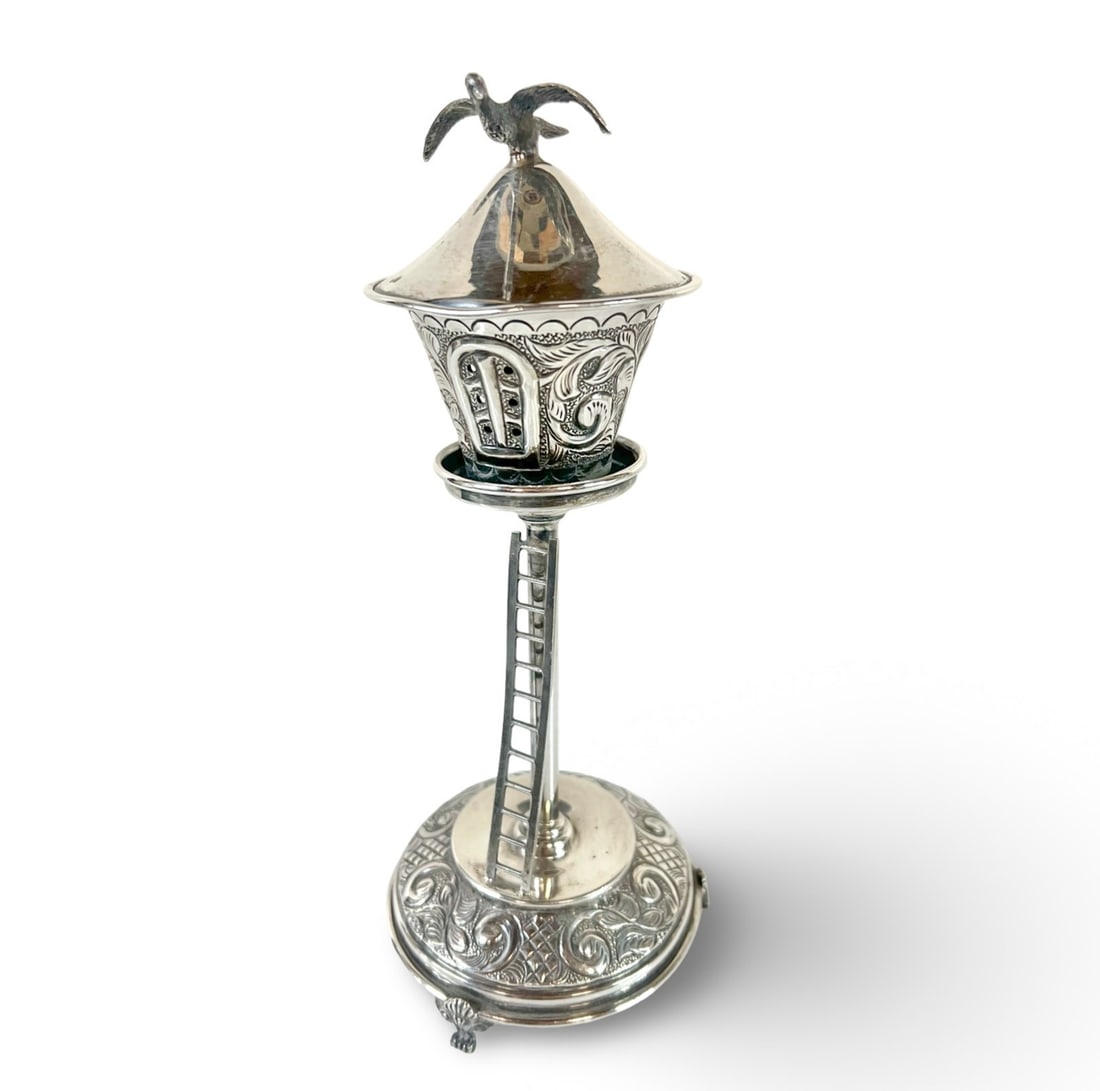 Vintage Sterling Silver Besamim spice tower bird house: Vintage Sterling Silver Besamim spice tower in the form of a bird house with ladder, marked Sterling 925. Repousse foliate scroll base and house, three feet. "House" unscrews from stem. Measurements: 