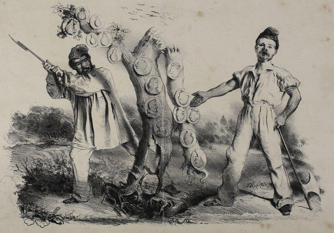 Charles Joseph Travies Swiss 1804 – 1859 Lithograph La Caricature No. 204: Travies, Charles Joseph (Swiss, 1804 – 1859) Black and White Lithograph on wove paper. From La Caricature, Plate No. 204. Signed 'CJ Travies' in stone on lower right. Full text: Décidément! L'arbr