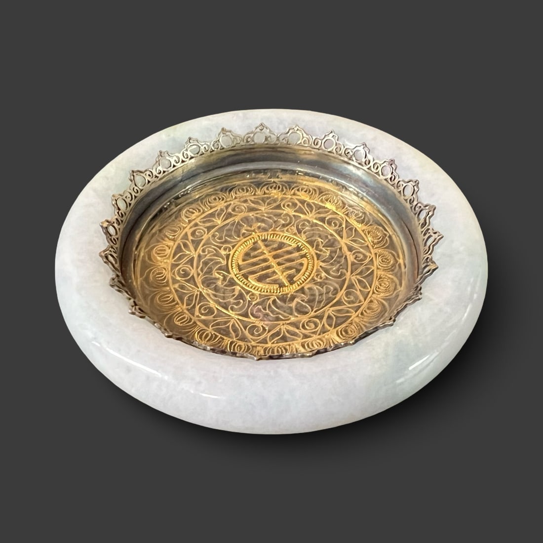Chinese Jade Bangle Bracelet Footed Shou Dish Filigree Gilt Silver mounts (1 of 7)