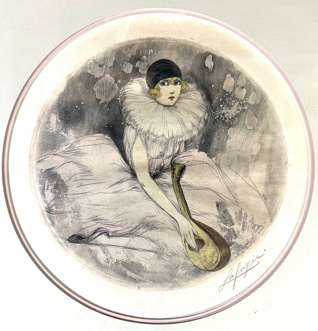 Lea Lafugie Aquatint etching in colors woman Pierrot with mandolin c1920: Léa Lafugie (France 1890-1972) Aquatint etching in colors on paper, woman Pierrotwith mandolin, c1920 signed in pencil lower right. Framed and glazed. 2.3lb Born in France and at the age of 16 she en