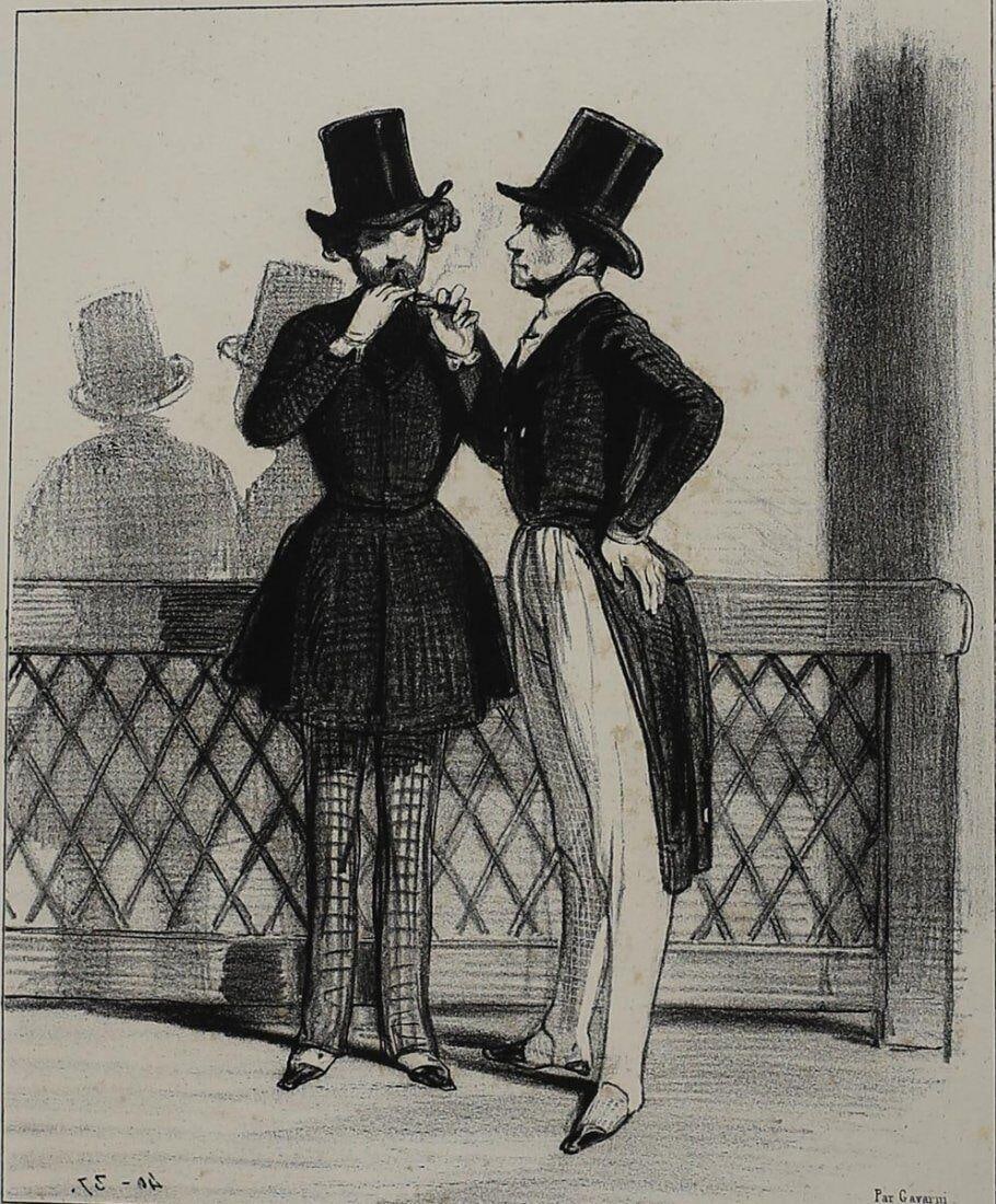 Paul Gavarni French 1804 - 1866 Lithograph La Vie de Jeune Homme No. 32: Gavarni, Paul (French 1804-1866) "Payes - tu cher a ton hotel?" (Paid- you have your expensive hotel?) Black and White Lithograph on wove paper. From La Vie de Jeune Homme, No. 32. "GL" stamp on lower