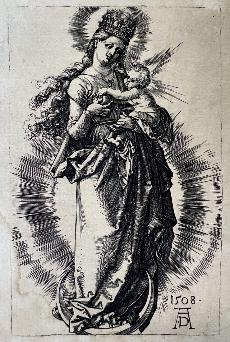 Albrecht Durer Engraving The Virgin on the Crescent with a Crown 1508: Albrecht Dürer (1471–1528) Engraving on laid paper, 'The Virgin on the Crescent with a Crown of Stars.' (Maria mit der Sternenkrone) artist's monogram and dated 1508 lower right. Unframed. (FB1) Me