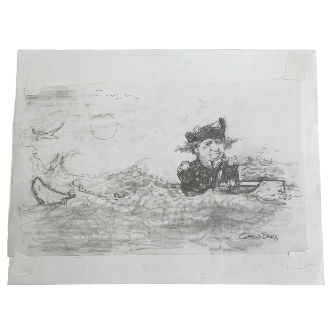 Charles Bragg Sinking General Original Graphite Pencil on Tracing Paper Signed: Charles Bragg (American, 1931-2017) "Sinking General" Original Graphite Pencil Drawing on Tracing Paper. Depicts a figure in a boat, artist signed to the lower right side. Taped to a larger sheet of p