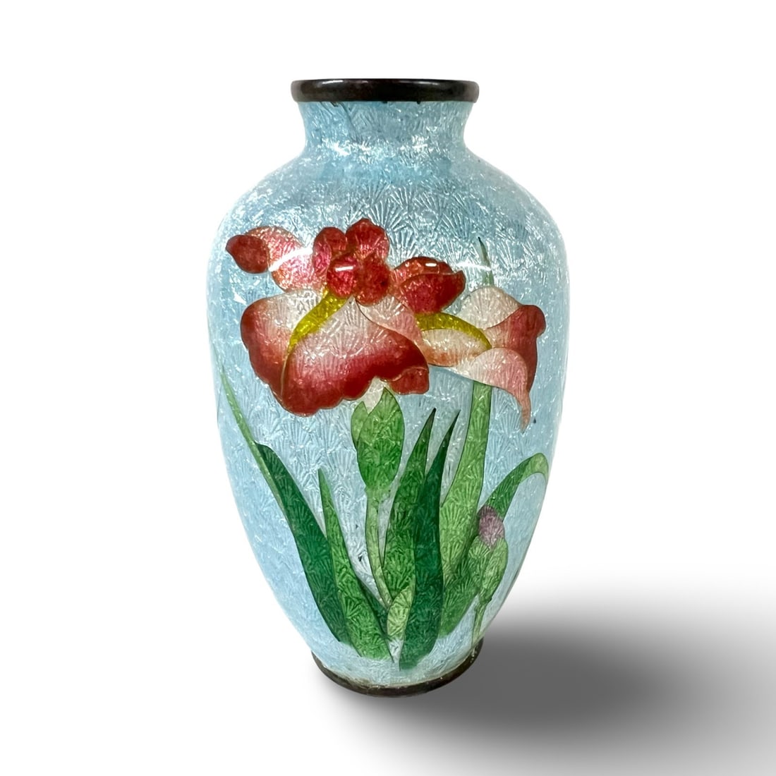 Miniature Japanese Meiji Period Japanese ginbari cloisonne vase: Antique Miniature Japanese ginbari moriage cloisonne vase, light blue enamel background with floral design. Makers mark stamped on foot. Measurements: Approx. 3.375 inches height Condition: Very good 