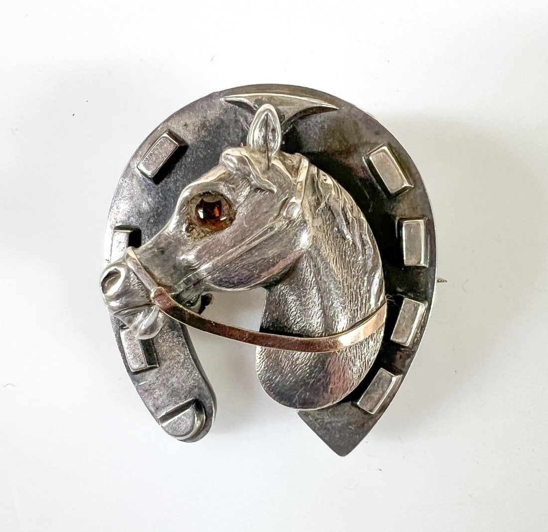 Victorian Silver Horse Head Horseshoe Equestrian Brooch Citrine c1900 (1 of 6)