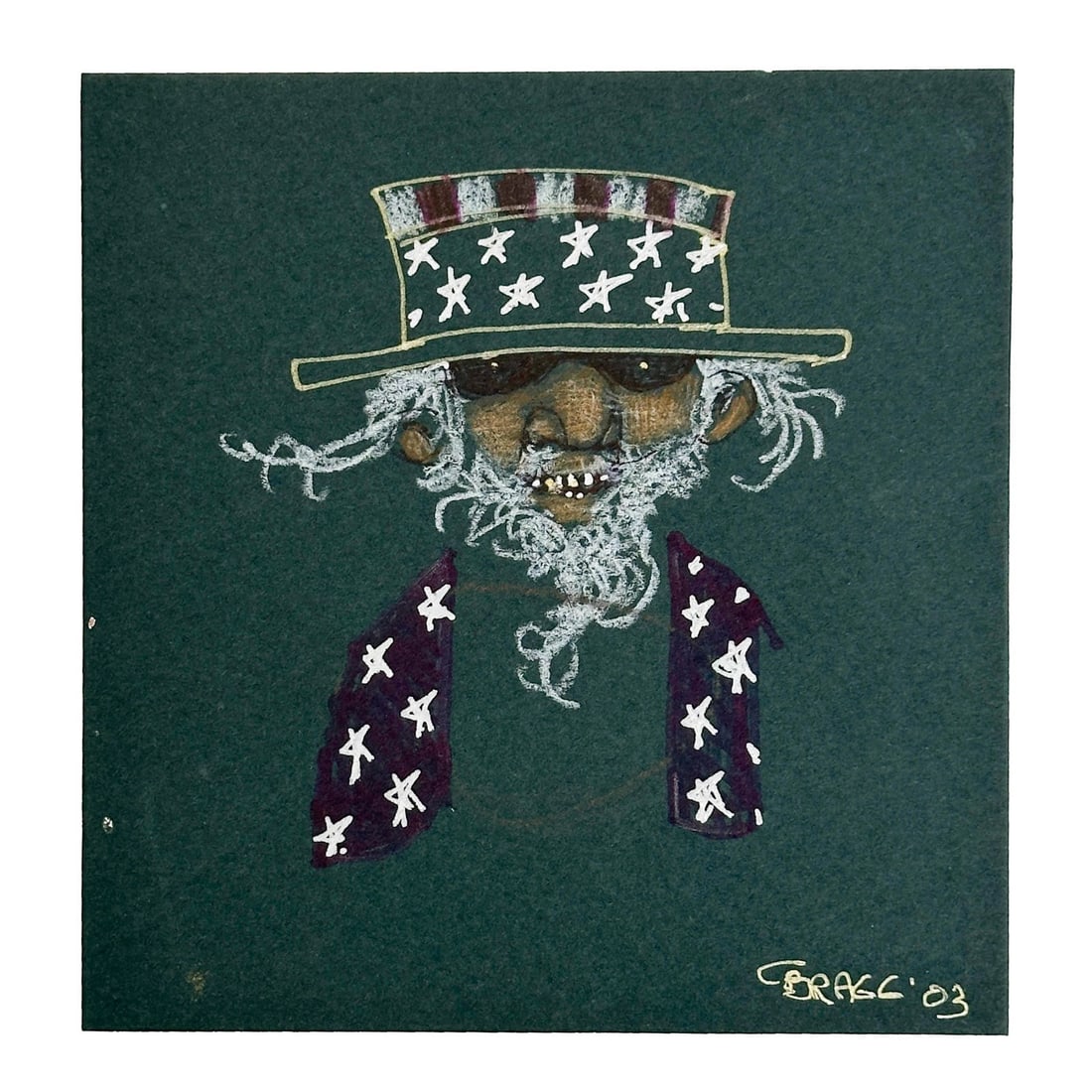 Charles Bragg Stars & Stripes Hat Sunglasses Vest Original Drawing Signed 2003: Charles Bragg (American, 1931-2017) "Stars & Stripes Hat Sunglasses Vest" Original Pen and White Chalk Pastel Drawing on Thick Green Cardstock. Depicts a figure, artist signed to the lower right side,