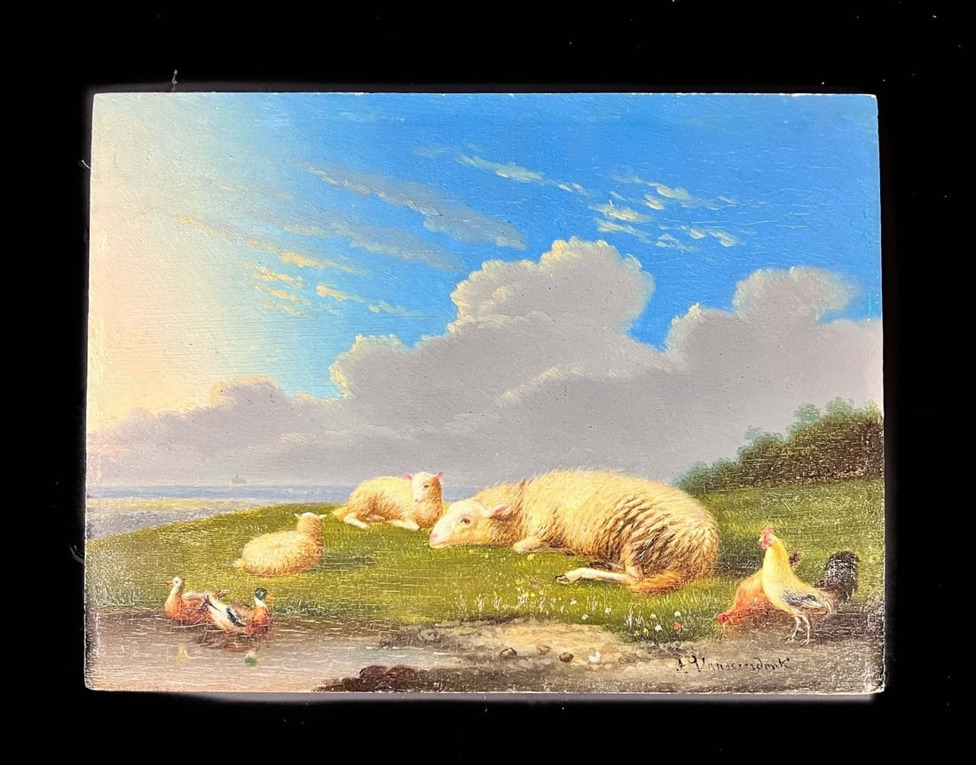 Frans van Severdonck Oil Painting landscape with sheep hens and ducks 19th c: Frans van Severdonck ( Belgium 1809-1889) Oil painting on panel, Idyllic landscape with sheep, hens and ducks. 19th Century. Signed lower right. Unframed. 1lb (WSD) Measurements: Approx. 9.755 x 7.375