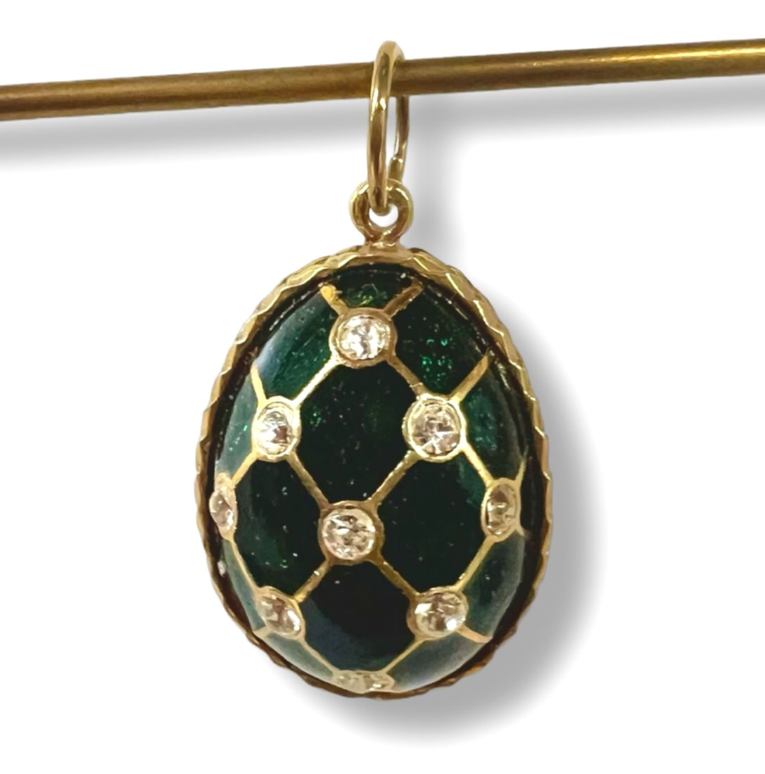 Russian Gilt Silver Guilloche Enamel Egg Pendant with crystals deep green c1900: Gilt Silver Guilloche Enamel Egg Pendant with crystals, fabrege style argyle pattern; deep green enamel, marked 88 on the bale, St Petersburg. Measurements: Approx. 6.94grams; 20mm not including bale 