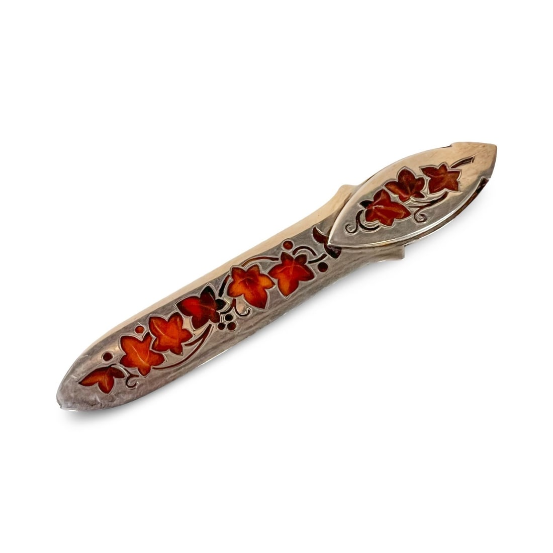 Sterling Letter Opener Bookmark 1895 Atkin Bros London with inlay: Sterling Letter Opener Bookmark 1895 Atkin Bros London; leaf design with enamel or shell inlay. Hallmarks, and marked Patent & Brevete.SGDG (Sans Garantie Du Gouvernement) Measurements: Approx. 25.66g