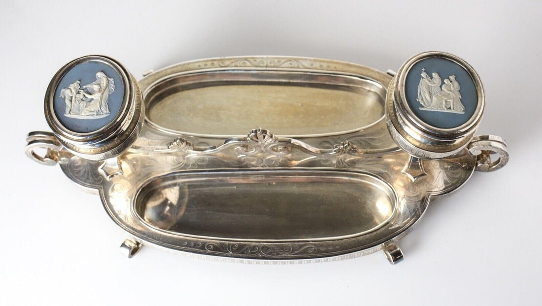 19th Century Silverplate Desk set Inkstand w/ Wedgwood medallions hand engraved (1 of 5)
