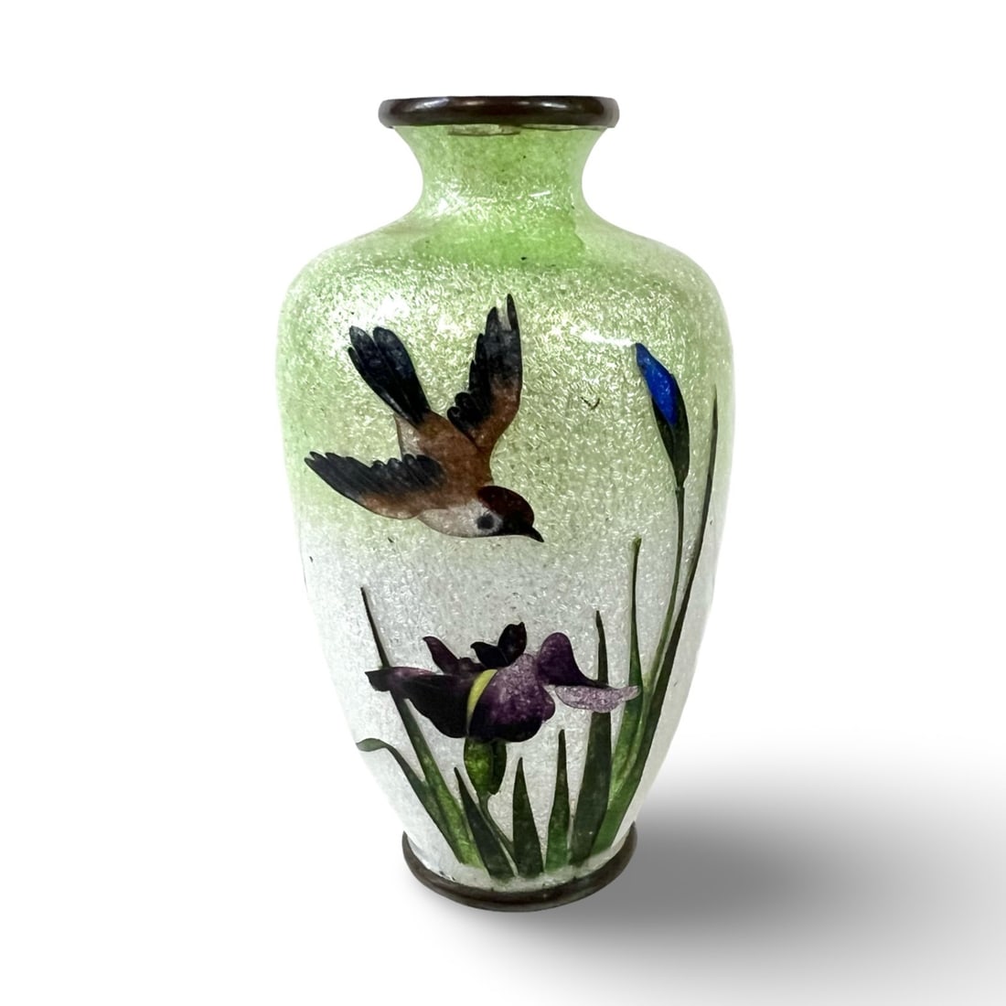 Vintage Miniature Japanese ginbari cloisonne vase shaded enamel: Antique Miniature Japanese ginbari cloisonne vase. Shaded green enamel background with floral design and bird. Makers mark stamped on foot. Measurements: Approx. 3.5 inches height Condition: Very good