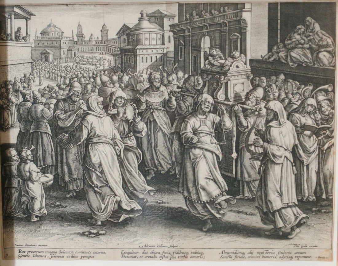 Adriaen Collaert and Theodore Galle Engraving from Encomium Musices 1589: Adriaen Collaert and Theodore Galle after Jan Van der Straet Engraving on paper, Title: David Dancing before the tabernacle c1600. Trimmed close to plate. In gilt wood frame, glazed. 2lbs Measurements