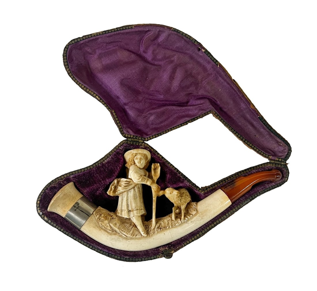 Estate Meerschaum Cheroot Cigar holder hand carved shepherdess and sheep (1 of 10)